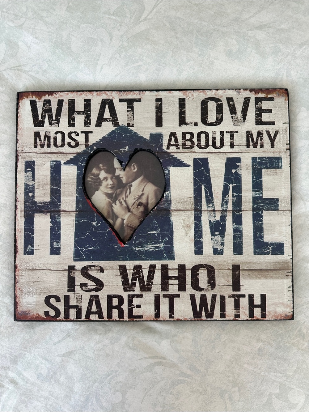 Rustic Blue & Cream Heart Photo Wall Sign - Home Accent